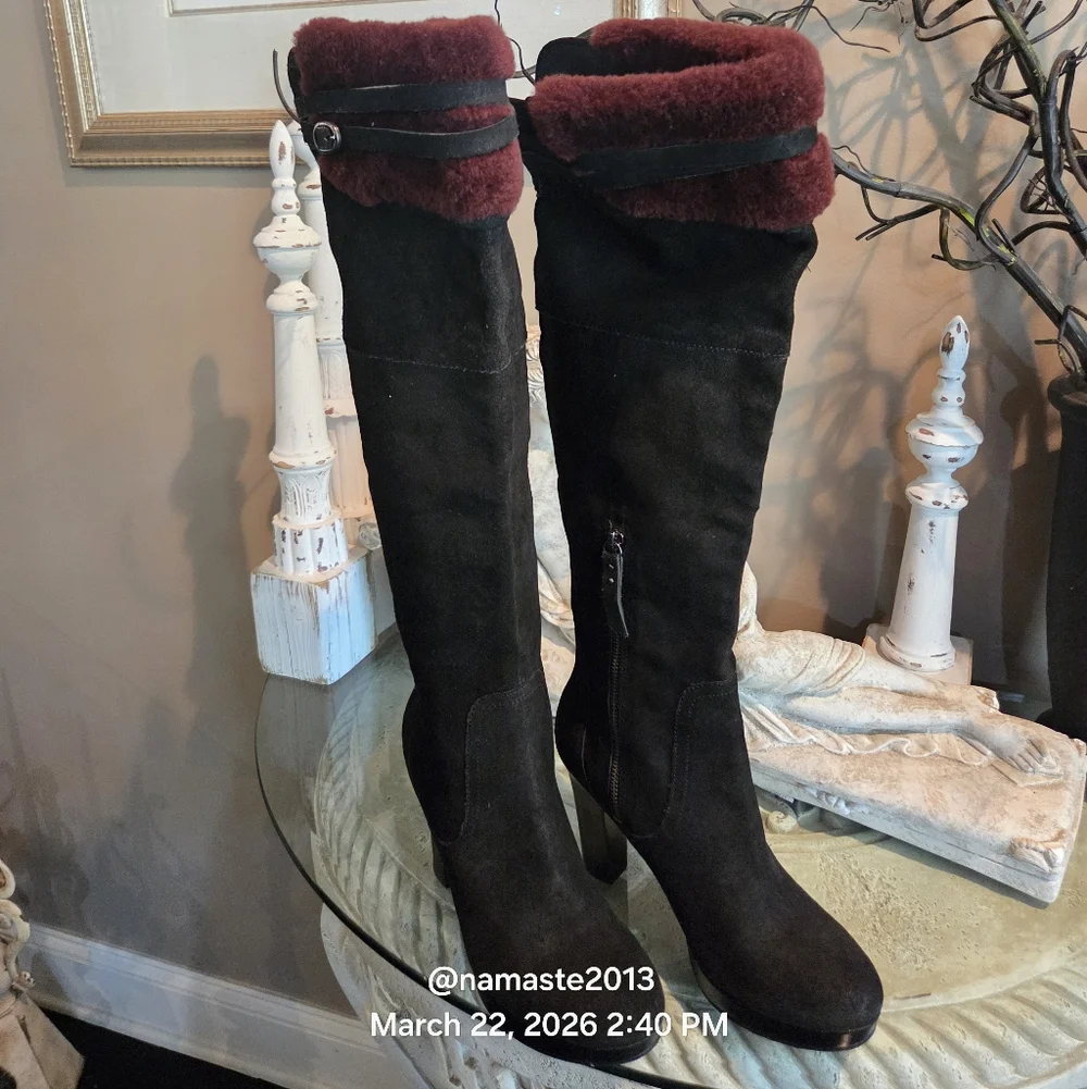 Ugg Ophira Suede Over The Knee Boots Lamb Fur Cuff Designer Heeled Boot #199